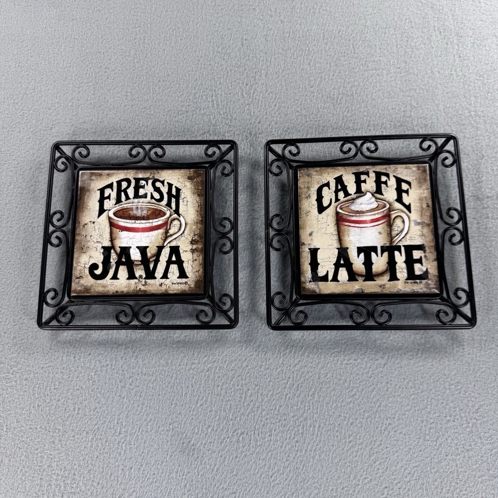 View Vintage Coffee Square Coaster Set 2 Metal Frame Ceramic Tile Non-Slip
